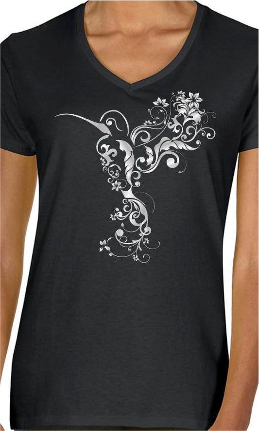 Metallic Hummingbird Flourish Women's V-Neck