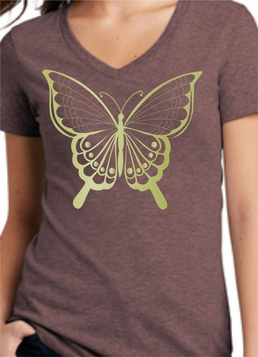 CLOSEOUT - Metallic Butterfly Women's V-Neck